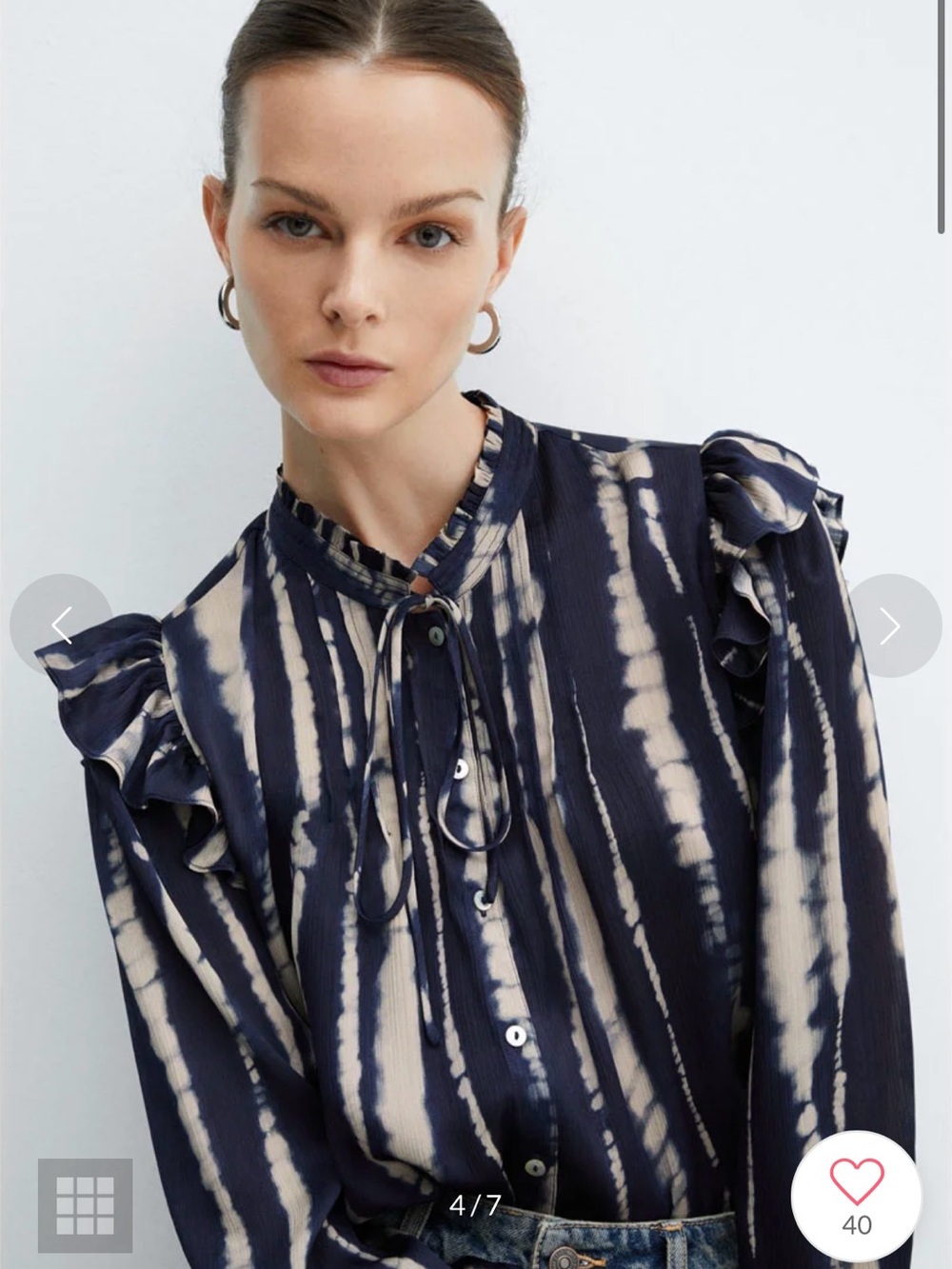 Mango Navy and Cream Tie-Dye Ruffle Shoulder Button-Up Blouse